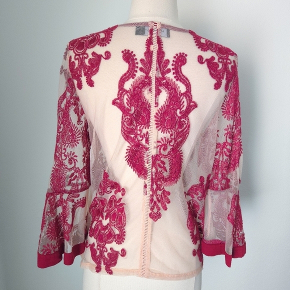 MinkPink Burgundy Red & Pink Paisley Sheer Embroidered Bell 3/4-Sleeve Top - Picture 4 of 8